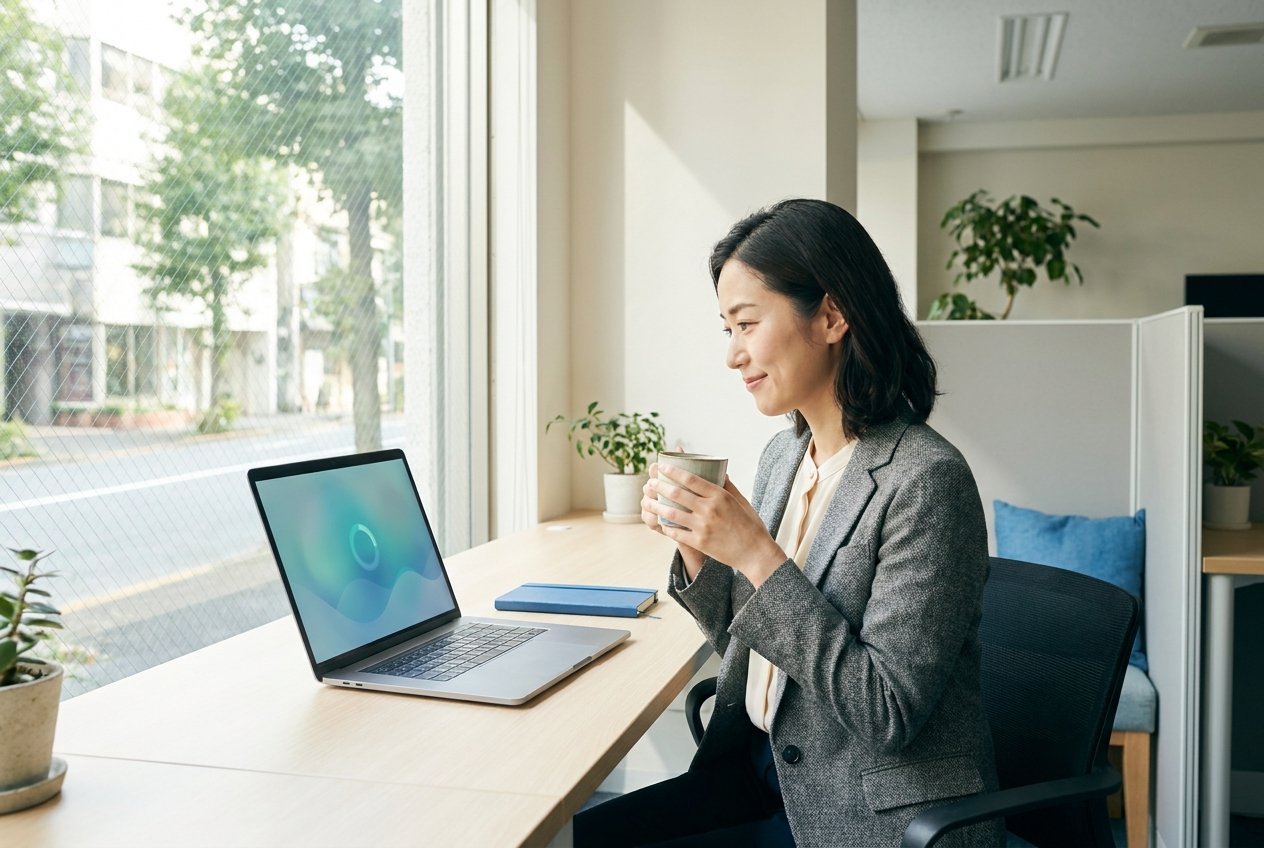落ち着いた表情のビジネスパーソンが、ノートPCに表示されたコンディションスコアのダッシュボードを見ている様子。自然光の差し込むクリーンなオフィス
