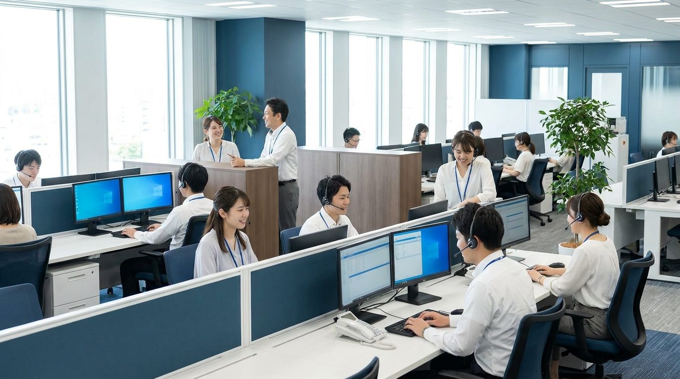 年齢の異なるスタッフがヘッドセットを着けて自然に働く、明るい日本のコールセンターの現場の様子